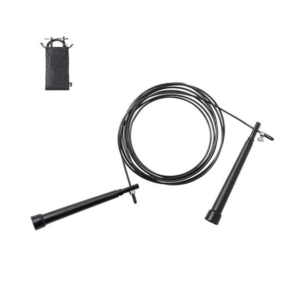 Comba de calidad premium, con cuerda extra larga ajustable de 3m de largo y fabricada en acero con cobertura de resistente PVC. Con mangos de sujeción ergonómicos y presentada en funda de poliéster RPET con cierre de cordón, elaborada a partir de plástico reciclado para así fomentar la reutilización de residuos plásticos y contribuir a la sostenibilidad del planeta. Etiqueta distintiva RPET en la funda.