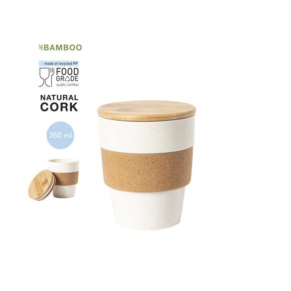 Vaso de línea nature de 350 ml de capacidad. Fabricado en PP veteado, con banda exterior en corcho natural y tapa fabricada en bambú. Con certificación Food Grade, garantizando la seguridad cuando los alimentos entran en contacto con el material usado para fabricar el producto. Presentado en atractiva caja de diseño eco.