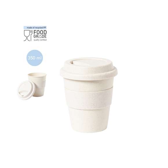 Vaso fabricado en PP veteado y de 350ml de capacidad. Tira antiquemaduras y tapa dosificador en TPR. Certificación Food Grade, garantizando la seguridad cuando los alimentos entran en contacto con el material usado para fabricar el producto.