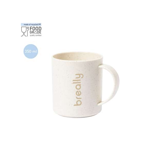 Taza fabricada en PP veteado y 350ml de capacidad. Con certificación Food Grade, garantizando la seguridad cuando los alimentos entran en contacto con el material usado para fabricar el producto.