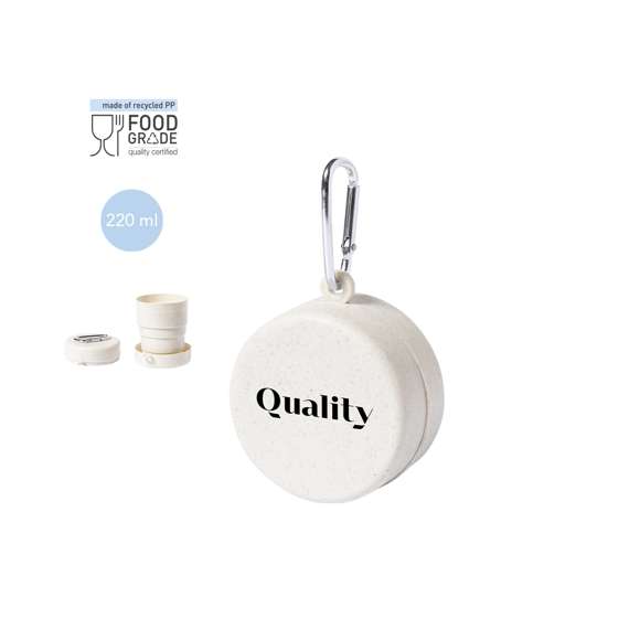 Original vaso plegable para emergencias fabricado en PP veteado libre de BPA. De 220ml de capacidad, con mosquetón metálico de transporte. Certificación Food Grade, garantizando la seguridad cuando los alimentos entran en contacto con el material usado para fabricar el producto.