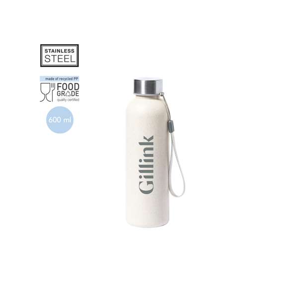 Bidón en PE veteado de 600ml de capacidad, libre de BPA. Con tapón de seguridad a rosca en acero inox y cinta de transporte. Certificación Food Grade, garantizando la seguridad cuando la bebida entra en contacto con el material usado para fabricar el producto.