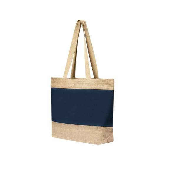 Bolsa en resistente combinación de yute laminado y algodón laminado, con asas de algodón natural. De acabado cosido, con asas largas reforzadas y disponible en amplia gama de colores. Resistencia hasta 10kg de peso.