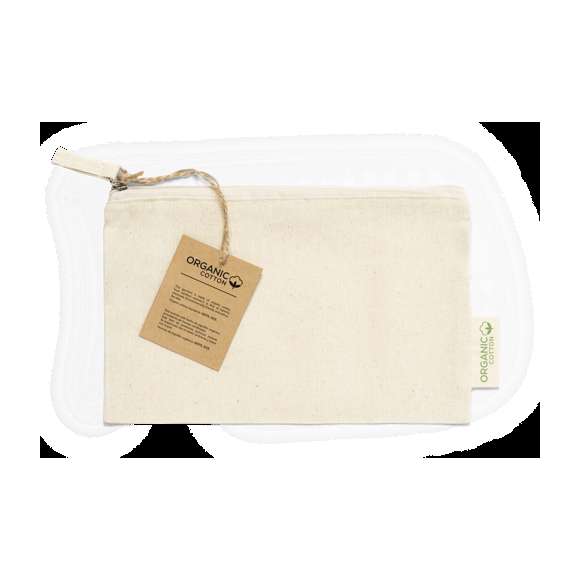  	Neceser fabricado en material100% algodón orgánico de 180g/m2 y en tono natural. Con certificación GOTS (Global Organic Textile Standard, ó Norma Mundial de Textiles Orgánicos) que garantiza que los tejidos están hechos de fibras orgánicas. Cierre de cremallera con tirador a juego y distintivo eco en etiqueta exterior. Incluye hangtag de cartón reciclado con distintivo eco.