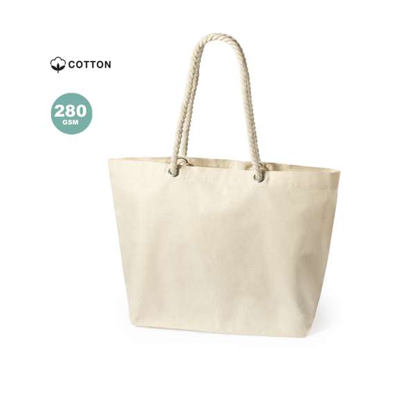 Bolsa fabricada en resistente algodón de 220g/m2, con asas de algodón en color blanco. De acabado cosido, con fuelle y asas largas de 90cm reforzadas. Disponible en variada gama de colores, con resistencia hasta 10kg de peso.