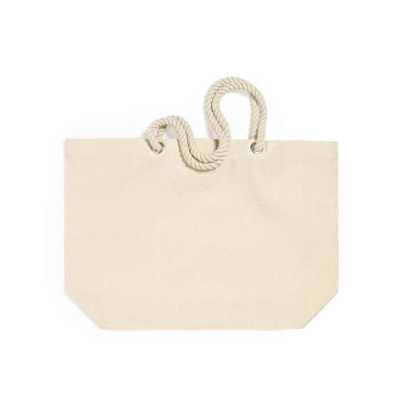 Bolsa fabricada en resistente algodón de 220g/m2, con asas de algodón en color blanco. De acabado cosido, con fuelle y asas largas de 90cm reforzadas. Disponible en variada gama de colores, con resistencia hasta 10kg de peso.