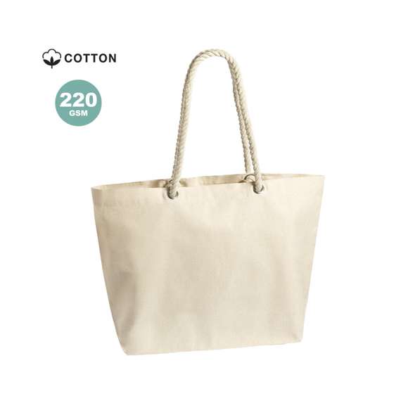 Bolsa fabricada en resistente algodón de 220g/m2, con asas de algodón en color blanco. De acabado cosido, con fuelle y asas largas de 90cm reforzadas. Disponible en variada gama de colores, con resistencia hasta 10kg de peso.