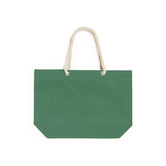 Bolsa fabricada en resistente algodón de 220g/m2, con asas de algodón en color blanco. De acabado cosido, con fuelle y asas largas de 90cm reforzadas. Disponible en variada gama de colores, con resistencia hasta 10kg de peso.