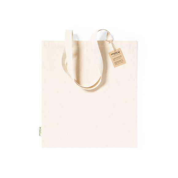 Bolsa fabricada en material100% algodón orgánico de 140g/m2 y en tono natural. Con certificación GOTS (Global Organic Textile Standard, ó Norma Mundial de Textiles Orgánicos) que garantiza que los tejidos están hechos de fibras orgánicas. De acabado cosido, con asas medianas reforzadas de 70 cm. Resistencia hasta 8kg, incluida etiqueta con distintivo de algodón orgánico y hangtag en cartón reciclado.