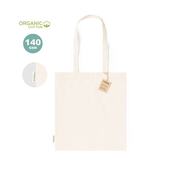 Bolsa fabricada en material100% algodón orgánico de 140g/m2 y en tono natural. Con certificación GOTS (Global Organic Textile Standard, ó Norma Mundial de Textiles Orgánicos) que garantiza que los tejidos están hechos de fibras orgánicas. De acabado cosido, con asas medianas reforzadas de 70 cm. Resistencia hasta 8kg, incluida etiqueta con distintivo de algodón orgánico y hangtag en cartón reciclado.