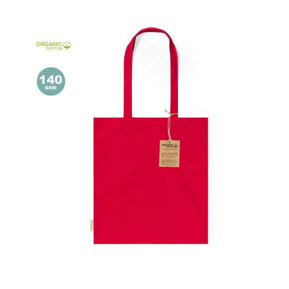 Bolsa fabricada en material100% algodón orgánico de 140g/m2. Con certificación GOTS (Global Organic Textile Standard, ó Norma Mundial de Textiles Orgánicos) que garantiza que los tejidos están hechos de fibras orgánicas. De acabaco cosido, con asas largas reforzadas de 70 cm y disponible en variada gama de colores. Resistencia hasta 8kg, incluida etiqueta con distintivo de algodón orgánico y hangtag en cartón reciclado.