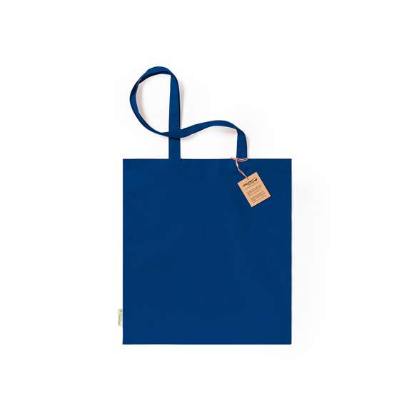 Bolsa fabricada en material100% algodón orgánico de 140g/m2. Con certificación GOTS (Global Organic Textile Standard, ó Norma Mundial de Textiles Orgánicos) que garantiza que los tejidos están hechos de fibras orgánicas. De acabaco cosido, con asas largas reforzadas de 70 cm y disponible en variada gama de colores. Resistencia hasta 8kg, incluida etiqueta con distintivo de algodón orgánico y hangtag en cartón reciclado.