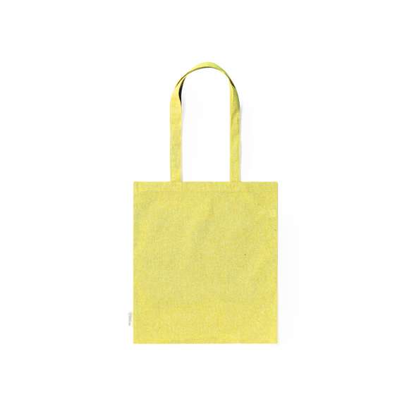 Bolsa fabricada en material100% algodón reciclado de 140g/m2. Certificación GRS (Global Recycled Standard / Estándar de Reciclaje Global), que garantiza el origen reciclado del material usado para fabricar el producto. De acabaco cosido, con asas largas reforzadas de 70 cm y disponible en variada gama de colores. Resistencia hasta 8kg, incluida etiqueta con distintivo de algodón reciclado.