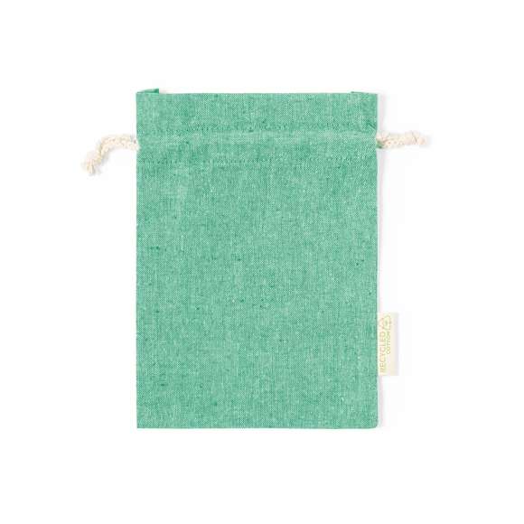  	Bolsa eco-friendly en resistente material 100% algodón reciclado GRS de 120g/m2. Certificación GRS (Global Recycled Standard / Estándar de Reciclaje Global), que garantiza el origen reciclado del material usado para fabricar el producto. Cierre de cordón de algodón y acabado cosido, incluye etiqueta exterior con distintivo algodón reciclado.