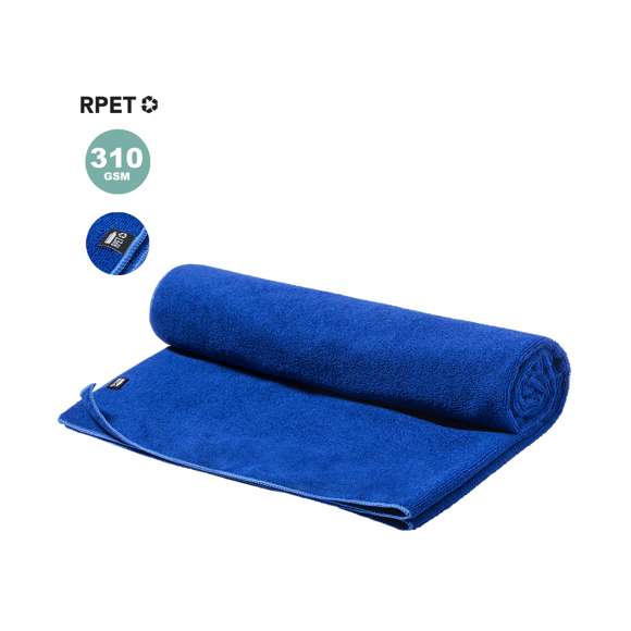 Toalla absorbente de línea nature. Fabricada en RPET de 310g/m2, elaborado a partir de plástico reciclado para así fomentar la reutilización de residuos plásticos y contribuir a la sostenibilidad del planeta. Tamaño 90x170 cm y disponible en variada gama de colores. Con distintivo RPET en etiqueta.