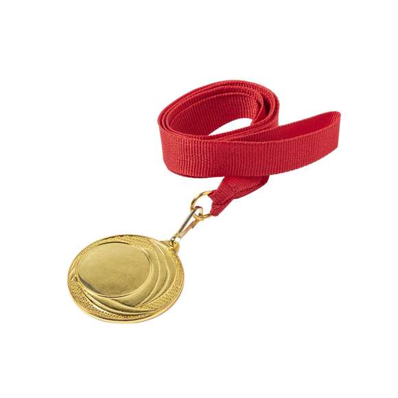 Medalla metálica de acabado dorado en relieve. Con cinta de poliéster en rojo, mosquetón metálico a juego y especialmente diseñada para marcaje en láser.
