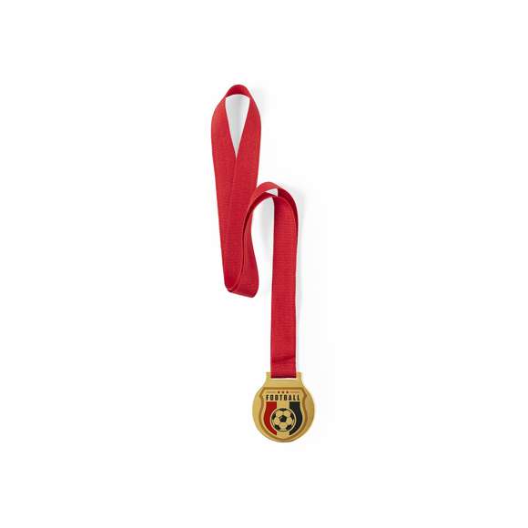 Medalla metálica de acabado dorado liso, con cinta de poliéster en rojo y especialmente diseñada para marcaje en impresión digital.