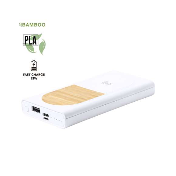 Batería auxiliar externa de línea nature con cargador inalámbrico integrado y función carga rápida de 15W. Carcasa fabricada en combinación de bambú y PLA -Ácido PoliLáctico-, que se obtiene a partir de recursos 100% naturales como el almidón de maíz, la yuca o la caña de azúcar, pudiendo convertirse en 100% compostable al final de su ciclo de vida útil.  8.000 mAh de capacidad, con indicador de estado de carga. Conector dual de entrada y salida Tipo C, entrada micro USB y 1 salida USB. Cable de carga micro USB incluido. Compatible con dispositivos equipados con tecnología de carga inalámbrica. Amplia superficie de marcaje y presentado en atractiva caja de diseño eco. Distintivo PLA sobre el artículo. Las capacidades mostradas en todas nuestras baterías auxiliares externas son reales, incorporando todas ellas baterías de grado A y no recicladas, con una vida útil de al menos 500 ciclos de carga y según normativa CE.   Además, están fabricadas conforme a los estándares RoHS y en cumplimiento con los siguientes requisitos de seguridad: Sistema de protección contra sobrecarga del power bank.  Sistema de protección contra descarga completa que proporciona una mayor durabilidad del power bank.  Sistema de bloqueo para evitar cortocircuitos.  Sistema de transferencia de carga constante, acorde con la capacidad del dispositivo de destino.