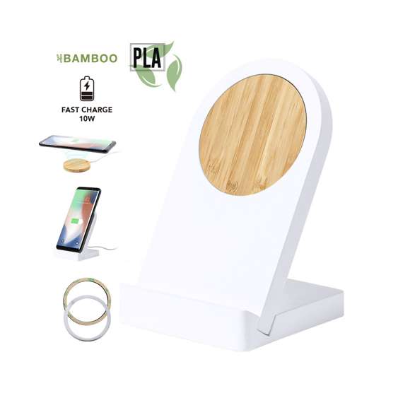 Cargador inalámbrico magnético de línea nature con función soporte para móvil. Cargador inalámbrico fabricado en bambú, y carcasa en PLA -Ácido PoliLáctico-, que se obtiene a partir de recursos 100% naturales como el almidón de maíz, la yuca o la caña de azúcar, pudiendo convertirse en 100% compostable al final de su ciclo de vida útil. Con función carga rápida de 10W y compatible con dispositivos equipados con tecnología de carga inalámbrica. Incluye anilla metálica adhesiva. Cable con conexión USB de 100 cm. Amplia superficie de marcaje, presentado en atractiva caja de diseño eco.Distintivo PLA sobre el artículo.