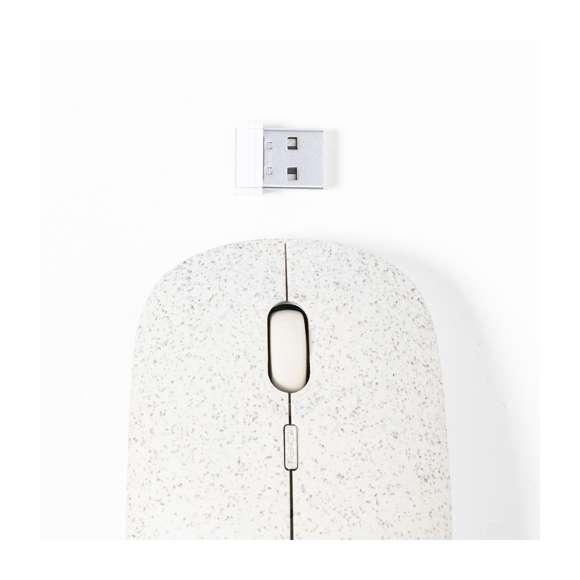Ratón óptico inalámbrico de línea nature y con diseño ergonómico. Fabricado en caña de trigo, para así fomentar la utilización de materias primas naturales y reducir las emisiones contaminantes. Botón DPI incluido. Alimentación a pilas: 1xAA no incluida. Presentado en atractiva caja de diseño eco.
