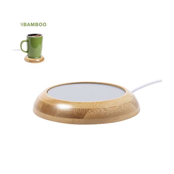Calentador de tazas de línea nature, fabricado en bambú. Conexión USB y superficie metálica especialmente diseñada para mantener el calor, con base antideslizante en antelina. Presentado en caja individual de diseño eco. Disponible manual de instrucciones en español e inglés.