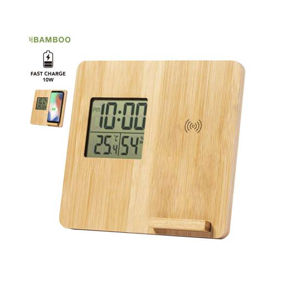 Estación meteorológica de línea nature, con cargador inalámbrico de carga 10W integrado. Fabricada en bambú pulido y con funciones termómetro e higrómetro. Incluye cable de carga Micro USB de 1m. Compatible con dispositivos equipados con tecnología de carga inalámbrica. Reloj alimentación a pilas (de botón incluida) y presentado en atractiva caja de diseño eco. Disponible manual de instrucciones en español e inglés.