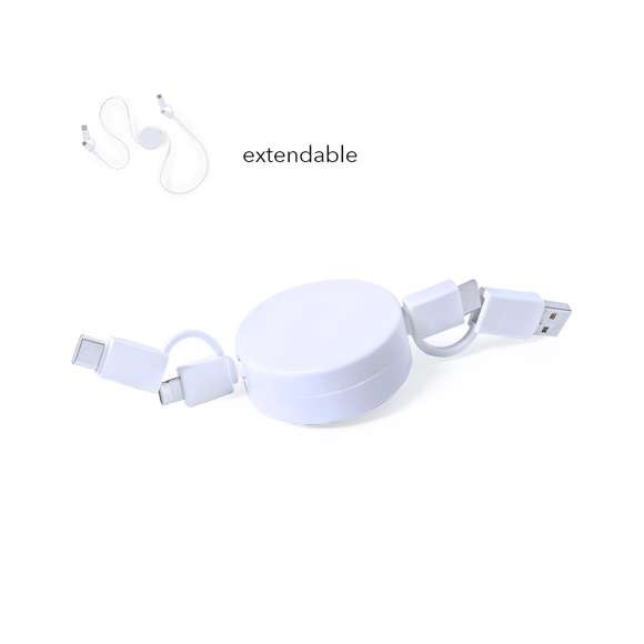 Cargador extensible de diseño ultra compacto. Conexiones Tipo C (entrada y salida), y dual Micro USB/Lightning. Función cargador y transferencia de datos. Amplia superficie de marcaje y presentado en bolsa individual.