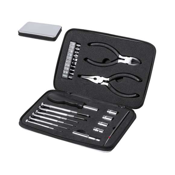 Set de herramientas de 25 accesorios en resistente estuche de aluminio con interior troquelado en EVA. Incluye set de destornilladores de precisión, mango multifunción, puntas intercambiables, destornilladores planos y de estrella  cabezales de tubo  pinzas y alicates. Presentado en caja individual.