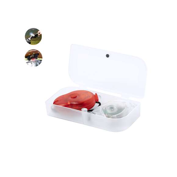 Set de luces de seguridad led para bici. Incluye 2 piezas, con dos posiciones de luz y presentadas en resistente estuche individual con cierre magnético. Alimentación a pilas de botón (incluidas).