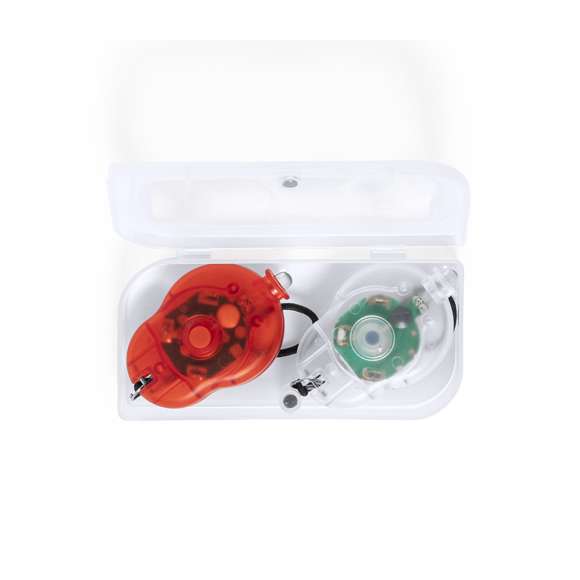 Set de luces de seguridad led para bici. Incluye 2 piezas, con dos posiciones de luz y presentadas en resistente estuche individual con cierre magnético. Alimentación a pilas de botón (incluidas).
