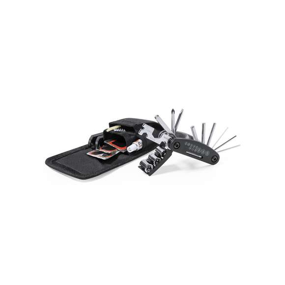 Completo kit de reparación para bici de 14 accesorios. Presentado en resistente estuche de poliéster 600D, con cierre de velcro. Incluye desmontadores de cubierta, multiherramienta y kit de reparación de pinchazos.