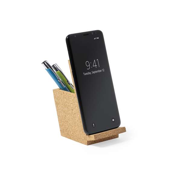Lapicero de línea nature con soporte para smartphone integrado. Fabricado en corcho, para así fomentar el uso de las materias primas naturales, y presentado en atractiva caja de diseño eco.