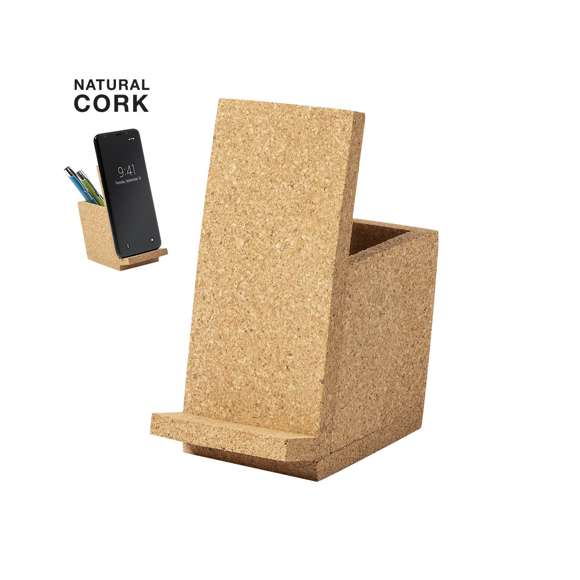 Lapicero de línea nature con soporte para smartphone integrado. Fabricado en corcho, para así fomentar el uso de las materias primas naturales, y presentado en atractiva caja de diseño eco.