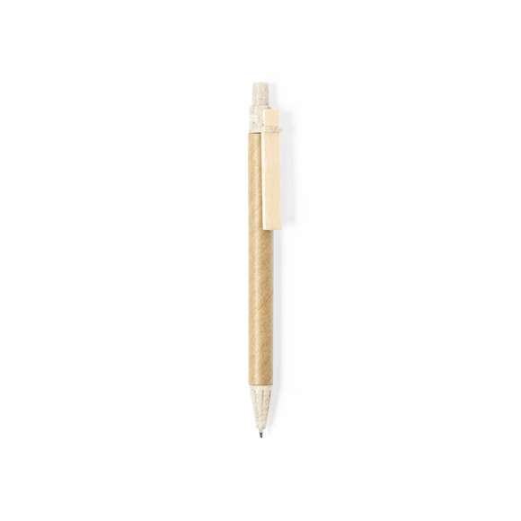 Bolígrafo de línea nature con mecanismo pulsador. Combinación de cuerpo en cartón reciclado de color natural, con punta y pulsador en caña de trigo y clip de madera, para así fomentar la utilización y reciclado de materias primas, reduciendo así las emisiones contaminantes. Tinta azul. Con distintivo Wheat Straw en la parte superior.