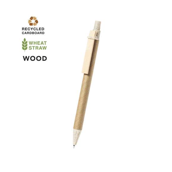 Bolígrafo de línea nature con mecanismo pulsador. Combinación de cuerpo en cartón reciclado de color natural, con punta y pulsador en caña de trigo y clip de madera, para así fomentar la utilización y reciclado de materias primas, reduciendo así las emisiones contaminantes. Tinta azul. Con distintivo Wheat Straw en la parte superior.