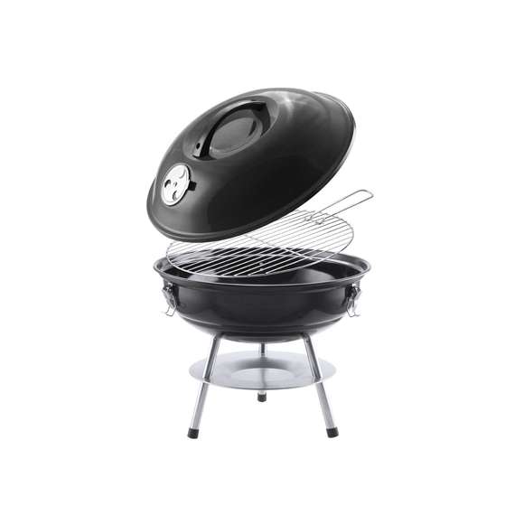 Barbacoa fabricada en resistente acero al carbono de acabado en negro. Tapa con cómoda asa y orificios de ventilación, con parrilla metálica, plato antigoteo y pies antideslizantes. Presentada en atractiva caja de diseño.