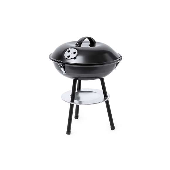 Barbacoa fabricada en resistente acero al carbono de acabado en negro. Tapa con cómoda asa y orificios de ventilación, con parrilla metálica, plato antigoteo y pies antideslizantes. Presentada en atractiva caja de diseño.