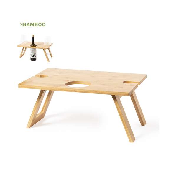 Mesa plegable para los aficionados al mundo del vino. Fabricada en bambú, incluye compartimento para botella de 75cl y 2 soportes para copa. De fácil plegado y tamaño compacto, presentada en atractiva caja individual de diseño eco.