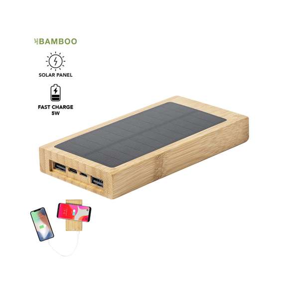 Batería auxiliar externa de línea nature con capacidad de 10.000 mAh. Incluye cargador inalámbrico de 5W, apto para todos los dispositivos compatibles con carga inalámbrica, y un panel de carga solar. Fabricada en bambú procedente de bosques sostenibles con certificación FSC®. Cuenta con 2 salidas USB, 1 entrada Micro USB, y una entrada tipo C. Cable de carga micro USB incluido. Con indicador de estado de carga y presentada en atractiva caja de diseño eco. Distinción FSC® sobre el producto.  Las capacidades mostradas en todas nuestras baterías auxiliares externas son reales, incorporando todas ellas baterías de grado A y no recicladas, con una vida útil de al menos 500 ciclos de carga y según normativa CE. Además, están fabricadas conforme a los estándares RoHS y en cumplimiento con los siguientes requisitos de seguridad:  Sistema de protección contra sobrecarga del power bank. Sistema de protección contra descarga completa que proporciona una mayor durabilidad del power bank. Sistema de bloqueo para evitar cortocircuitos. Sistema de transferencia de carga constante, acorde con la capacidad del dispositivo de destino.