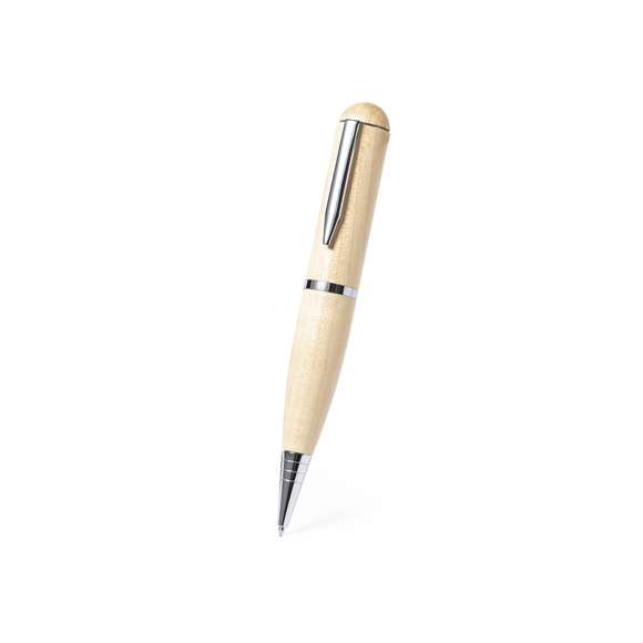 Bolígrafo USB de línea nature. Con memoria USB de 16GB de capacidad integrada en la capucha y fabricado en madera, para así fomentar la utilización de materiales naturales. De mecanismo giratorio y con tinta azul. Presentado en atractiva caja de acabado kraft.