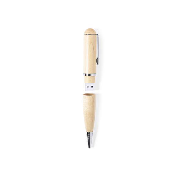 Bolígrafo USB de línea nature. Con memoria USB de 16GB de capacidad integrada en la capucha y fabricado en madera, para así fomentar la utilización de materiales naturales. De mecanismo giratorio y con tinta azul. Presentado en atractiva caja de acabado kraft.