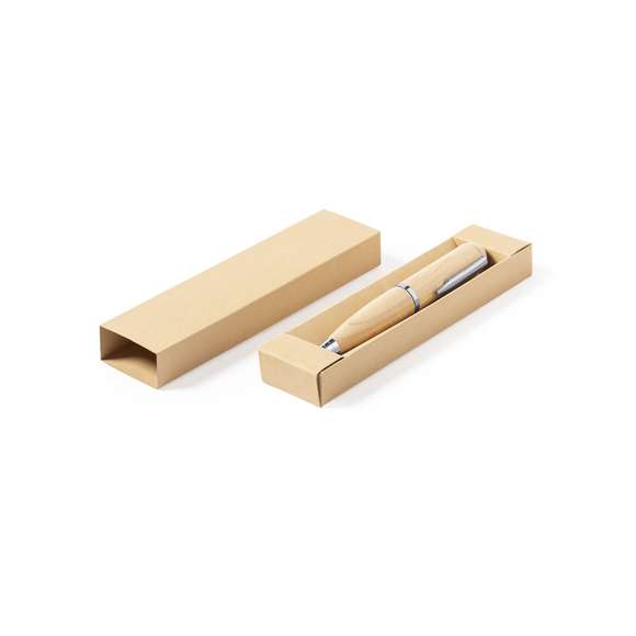 Bolígrafo USB de línea nature. Con memoria USB de 16GB de capacidad integrada en la capucha y fabricado en madera, para así fomentar la utilización de materiales naturales. De mecanismo giratorio y con tinta azul. Presentado en atractiva caja de acabado kraft.