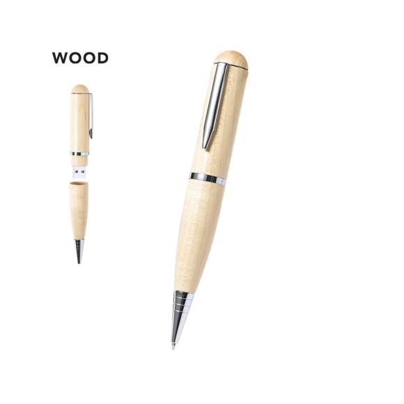 Bolígrafo USB de línea nature. Con memoria USB de 16GB de capacidad integrada en la capucha y fabricado en madera, para así fomentar la utilización de materiale