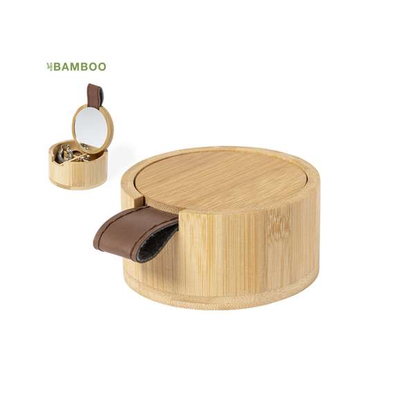 Joyero de línea nature fabricado en bambú. Con 4 compartimentos interiores, tapa con tirador de PU y espejo 1X de 6cm de diámetro integrado en tapa. Con film protector y presentado en caja individual de diseño eco.