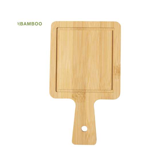 Tabla de línea nature fabricada en bambú, ideal para presentación. Con asa para fácil manejo y agujero para colgar.