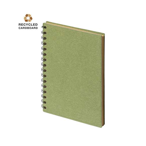 Libreta de anillas A5 de línea nature, con tapas duras en resistente cartón reciclado. 80 hojas con disposición a una raya, de acabado kraft y distintivo reciclado.