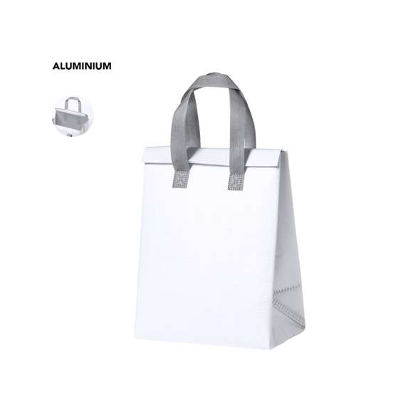 Bolsa nevera en non-woven laminado. Compartimento principal con cierre de velcro e interior isotermo de aluminio. De acabado termosellado, con fuelle y asas reforzadas. Disponible en variada gama de colores.