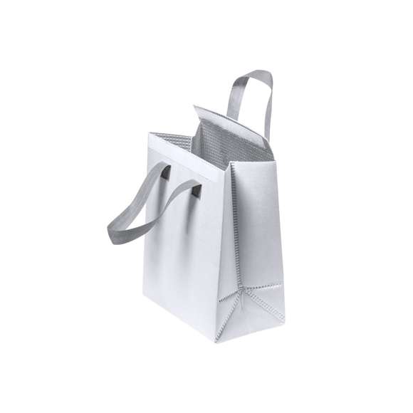 Bolsa nevera en non-woven laminado. Compartimento principal con cierre de velcro e interior isotermo de aluminio. De acabado termosellado, con fuelle y asas reforzadas. Disponible en variada gama de colores.