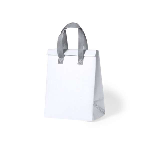 Bolsa nevera en non-woven laminado. Compartimento principal con cierre de velcro e interior isotermo de aluminio. De acabado termosellado, con fuelle y asas reforzadas. Disponible en variada gama de colores.