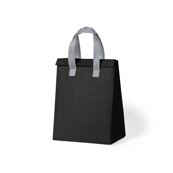 Bolsa nevera en non-woven laminado. Compartimento principal con cierre de velcro e interior isotermo de aluminio. De acabado termosellado, con fuelle y asas reforzadas. Disponible en variada gama de colores.